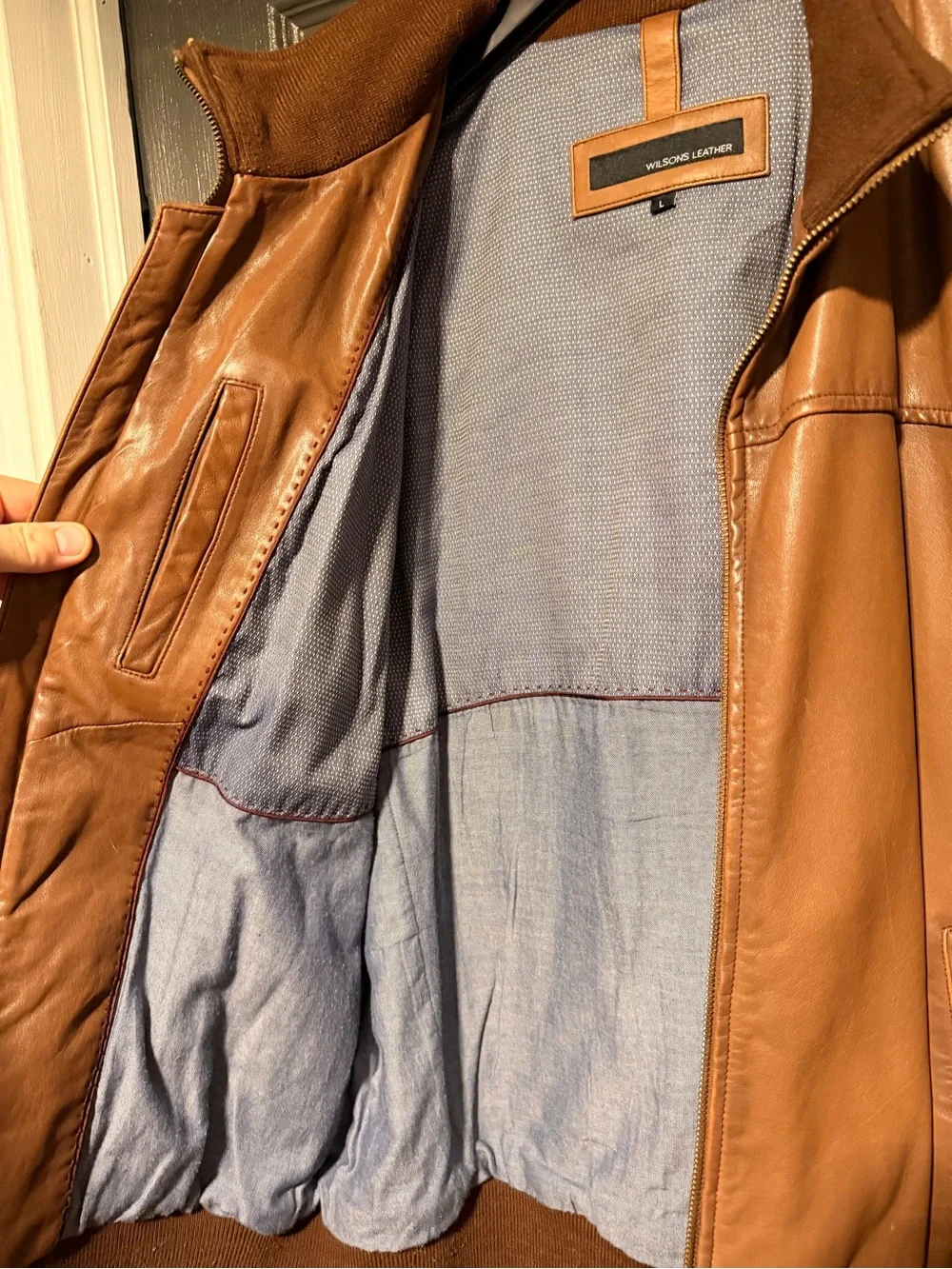 Wilsons Leather Brown Bomber Jacket with Light Blue Lining
